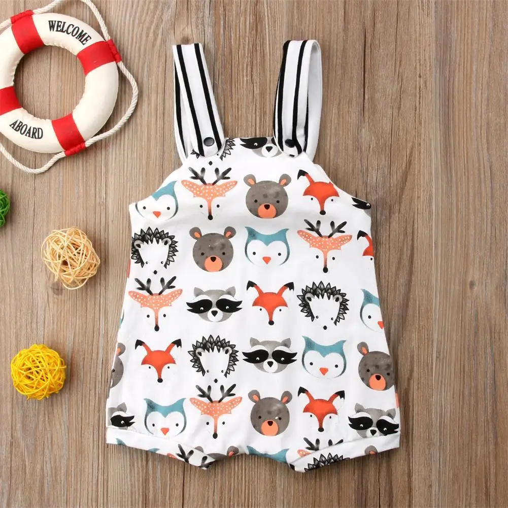 0-24M Summer Newborn Baby Girl Boys Strappy Romper Jumpsuit Bodysuit Sleeveless Clothes Cartoon Animals Print Sunsuit