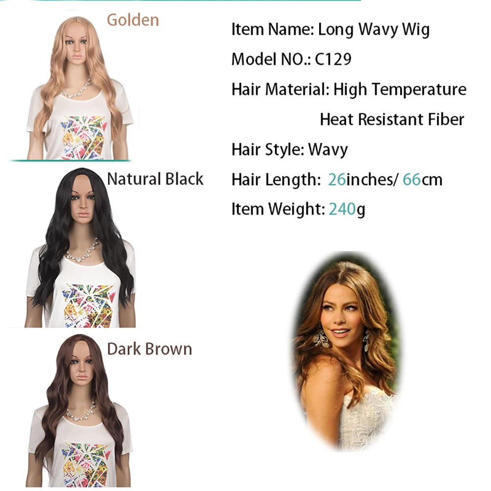 Aigemei Long Wavy Wig Natural Black Golden Brown Color High Temperature Fiber Synthetic Middle Part Hair Cosplay