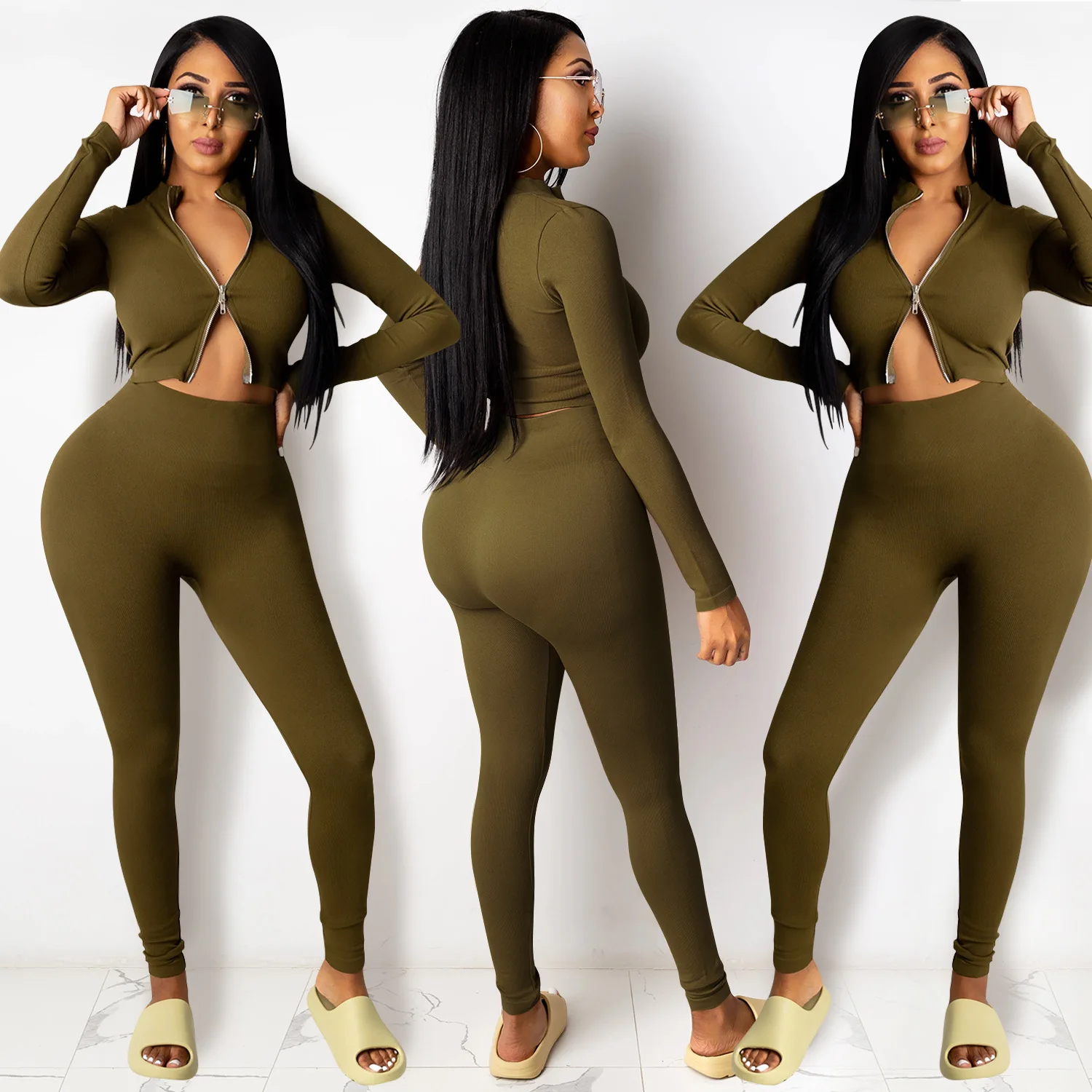 2021 Hot sale women clothing high stretchy zip up tops with leggings tracksuit two piece set casual blouse outfits streetwear