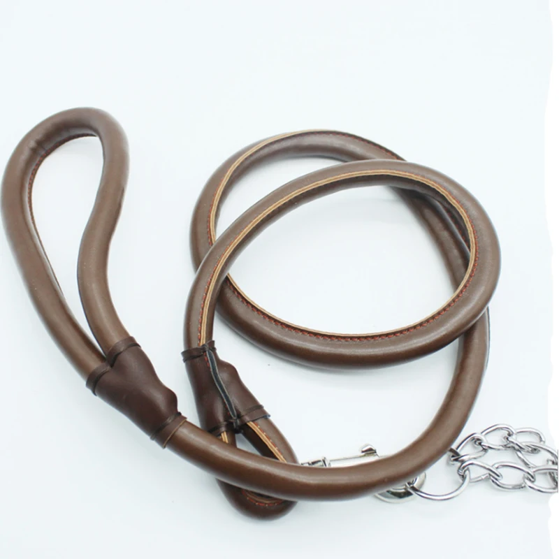 Pet Dog Leash Real PU Leather Cowhide Traction Rope Collar Dedicated Dogs Collars Leashes Chain For Large Dogs Round leather