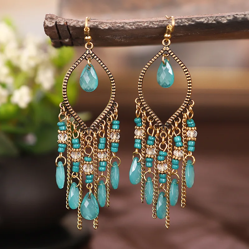 Bohemian Antique Gold Color Long Water Drop Tassel Earrings for Women Vintage Colorful Geometric Drop Dangle Earrings Jewelry