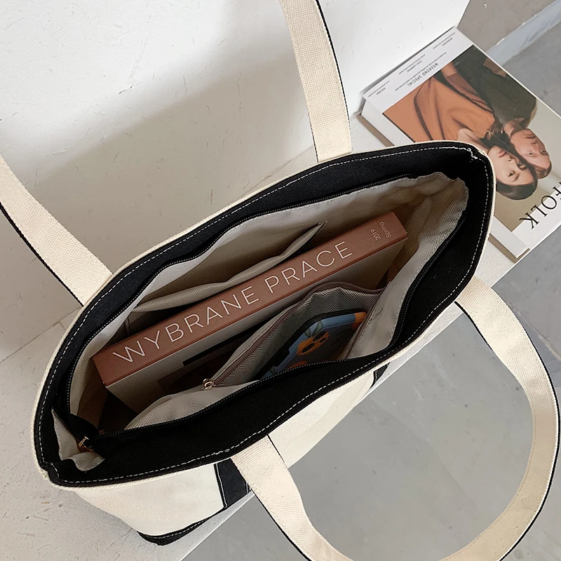 Simple Canvas Bag Women\'s Handbag Zipper Shoulder Bag 2022 Fashion Striped Strap Large Capacity Ladies Square Tote Shopping Bag