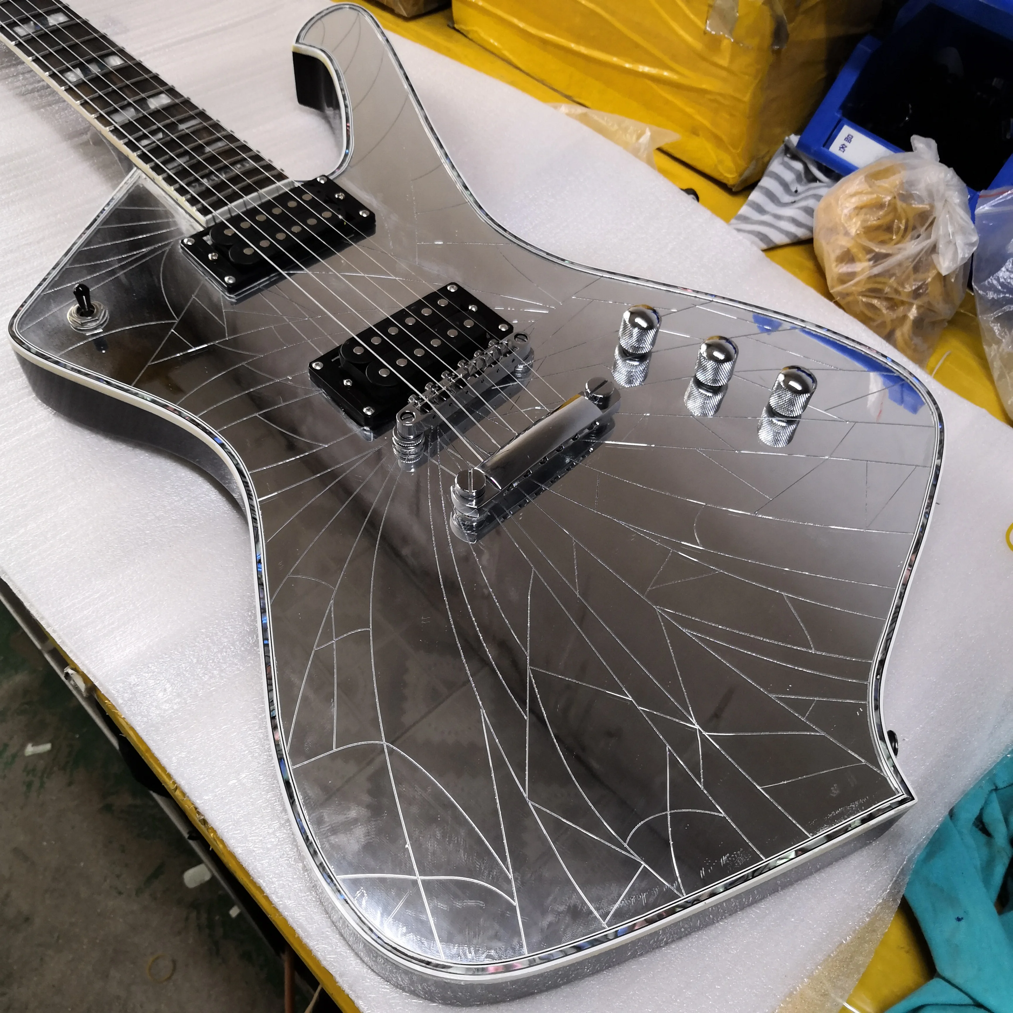 High-quality 6-string electric guitar,Silver mirror guitar, black paint, abalone inlay,free shipping