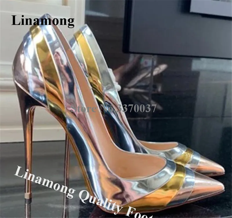 

Linamong Bronze Gold Silver Rose Patent Leather Stiletto Heel Pumps Pointed Toe Patchwork Slip-on High Heels Formal Dress Shoes