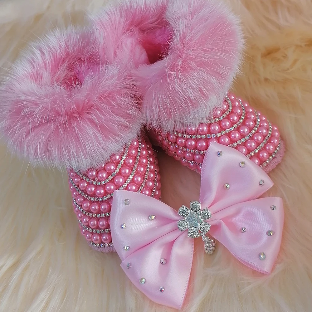 Pearls Crystal Baby Girls Snow Boots Headband Rhinestones Bling Shining Golden Noble Angel Shoes Winter First Walkers Gift