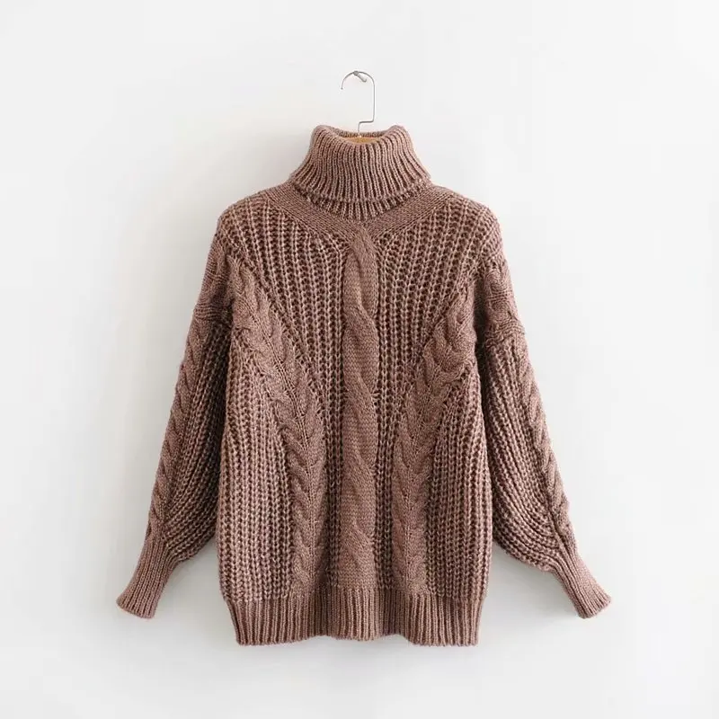 Long-sleeved Lazy Wind Turtleneck Knitted Sweater Female Twist Stripe Loose Simple Breathable Fashion Sweater Pullover Women