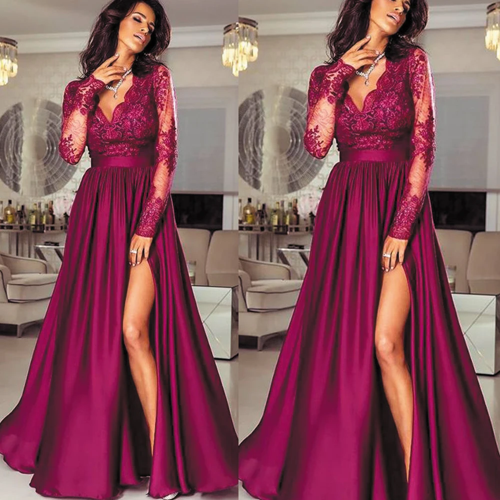 Superkimjo robe de soiree decote em v profundo borgonha vestidos de baile de formatura manga longa renda applique elegante barato vestido de baile abendkleider 2021