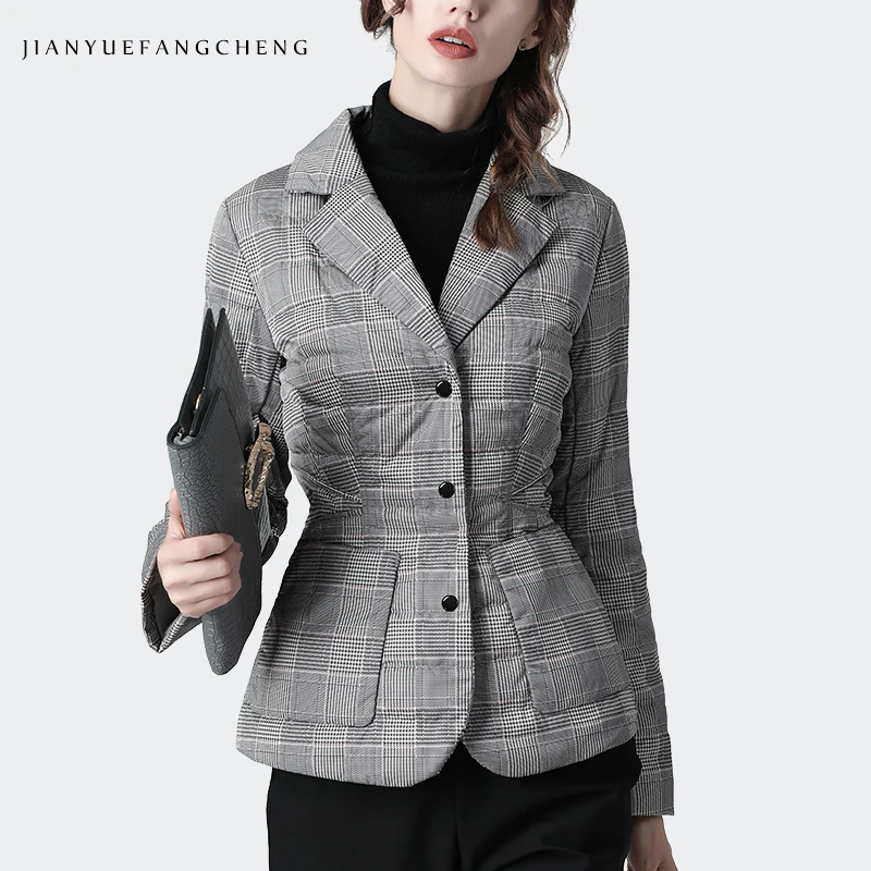 Elegant Suit Collar Gray Plaid Down Jacket Women Winter Warm Lightly Outwear Thin Puffer Coat Fashion Casual Ladies Down Jackets