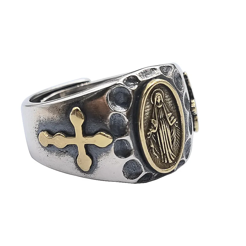 

BOCAI New 100% Real S925 Pure Silver Jewelry Vintage Craftsmanship golden Cross Maria Hammered Men and Women Rings