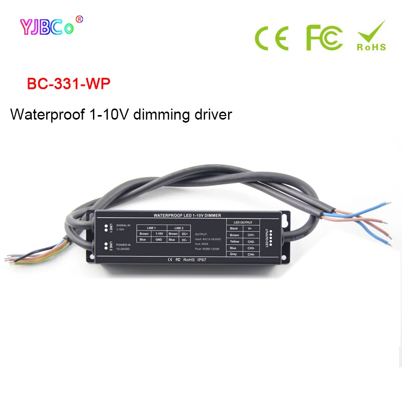 

Bincolor Waterproof 1-10V Dimming Driver 5A*4CH LED Controller DC12V 24V Signal 1-10V Input PWM Output for LED Strip BC-331-WP