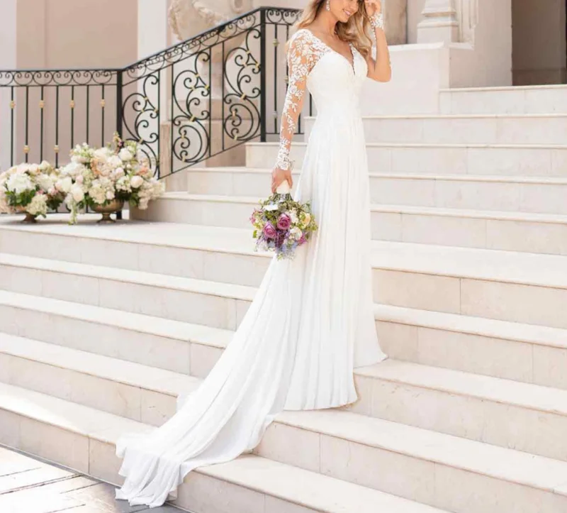 Sexy Backless Illusion Sleeve V-Neck Chiffon Sweep Train Bohemian Lace Wedding Dress Bride Gown Vestidos De Novia robe de mariée