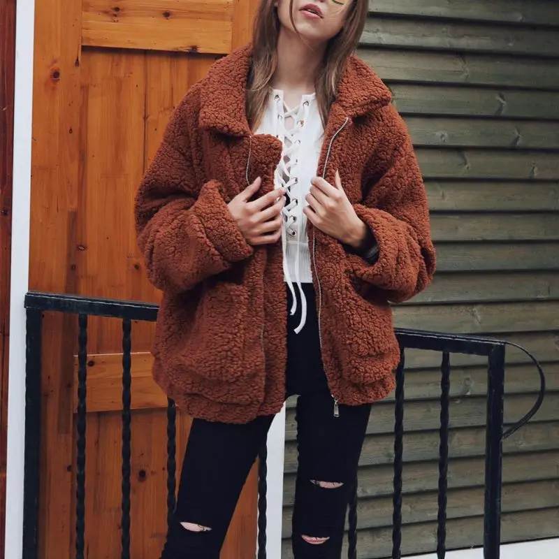 Elegante Faux Bontjas Vrouwen 2019 Herfst Winter Warme Zachte Rits Bont Jas Vrouwelijke Pluche Overjas Pocket Casual Teddy Uitloper