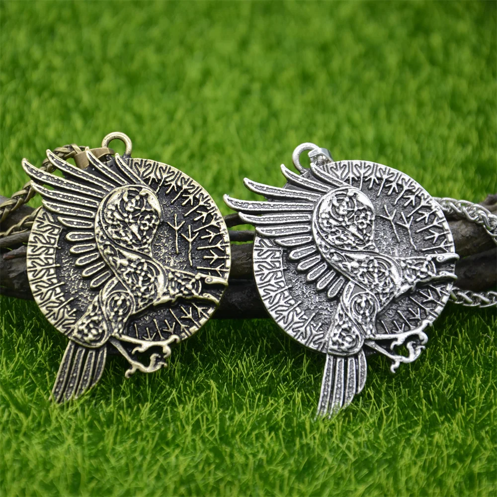 Norse Odin Symbol Viking Raven Amulet Runes Algiz Protection Wicca Talisman Crow Pendant Necklace Men Dropshipping image 4