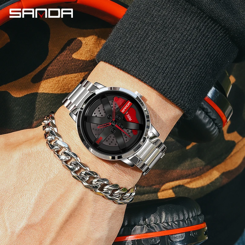 Montre-bracelet SANDA pour hommes, montre-bracelet, roue, horloge, Sport, voiture, créative, rotation à 360 °, Reloj de hombre