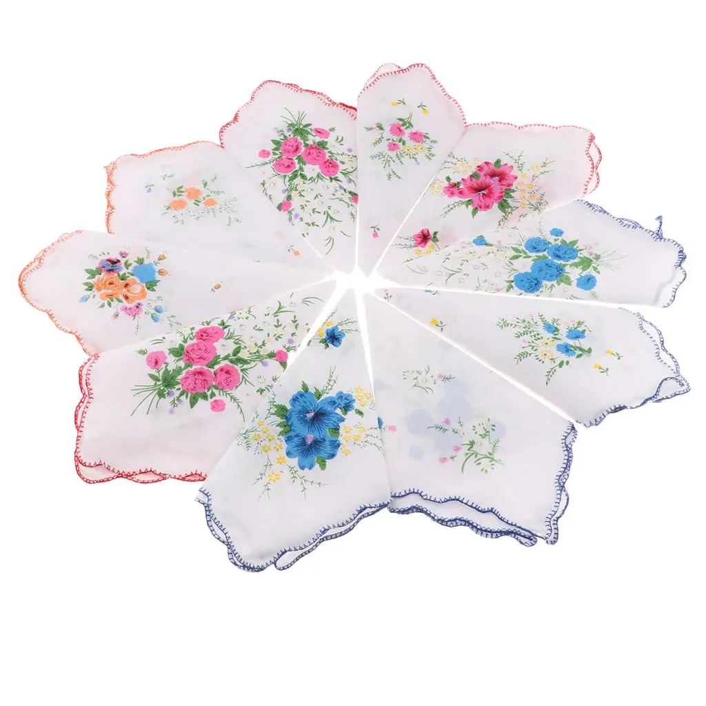 10-pack Pure Cotton Women Flower Fabric Handkerchiefs 28 X 28 Cm