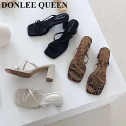 Fashion Snake Pattern Sandal Slippers Women High Heel Flip Flops Slip On Slides Narrow Band Shoes Summer Elegant Sandalias Mujer