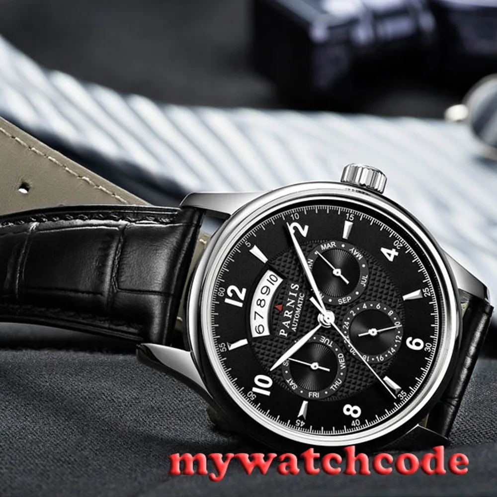 42mm Parnis Black Dial Sapphire Glass 26 Jewels Miyota 9100 Automatic Date Week Multifunction Mens Watch Leather Strap P535