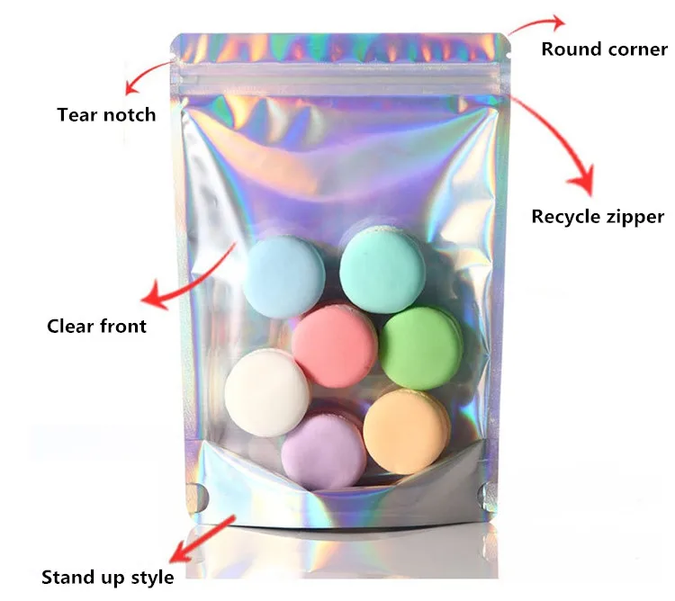 Translucent Stand up Laser Zip Lock Bag Clear Front Holographic Laser Silver Snack Food Coffee Dried Fruits Powder Candy Pouches