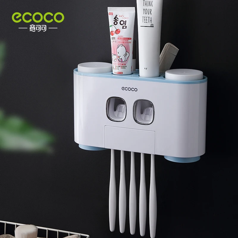 ECOCO Automatic Toothpaste Extrusion Bathroom Accessories Receptacle With 4 Cups Dustproof Toothbrush Holder Wall-Mounted