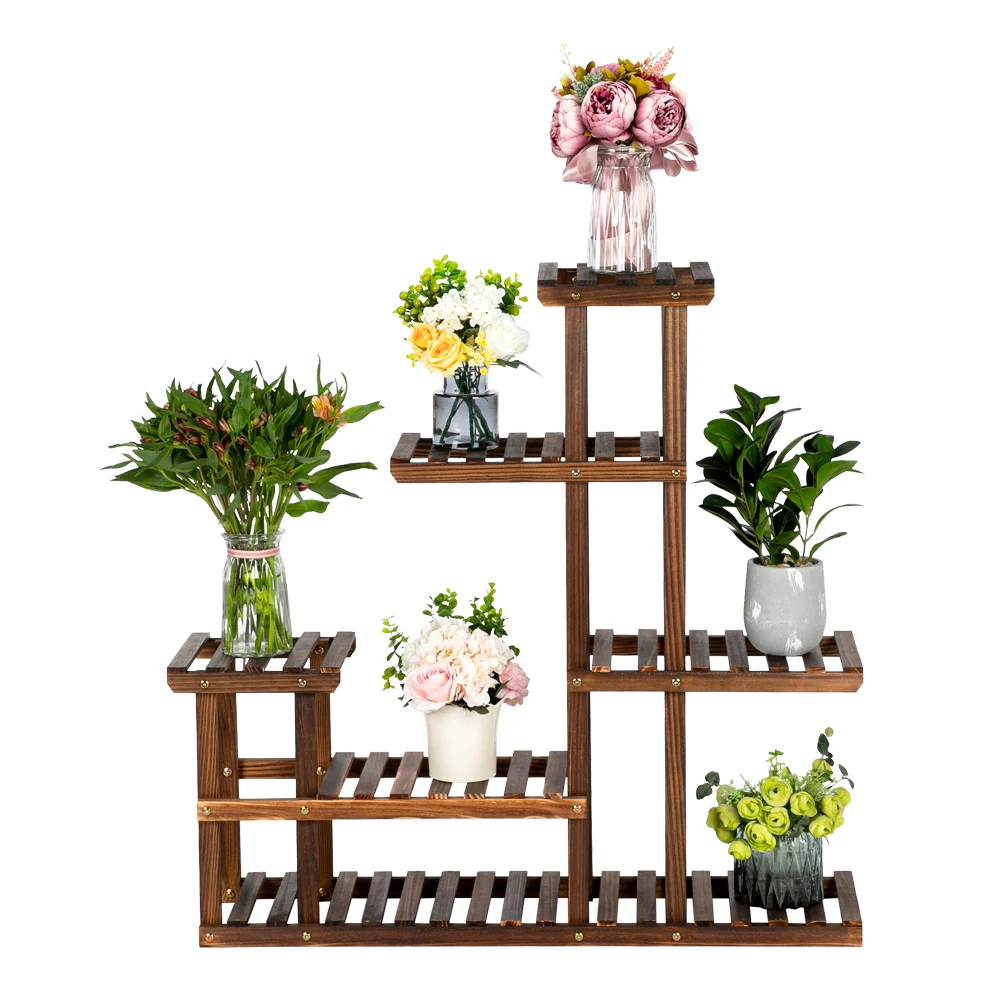 Beautiful Potted Plant Flowers Rack 5 Floors 10 Seats Indoor And Outdoor Multifunctional Carbonized Wood Plant Stand