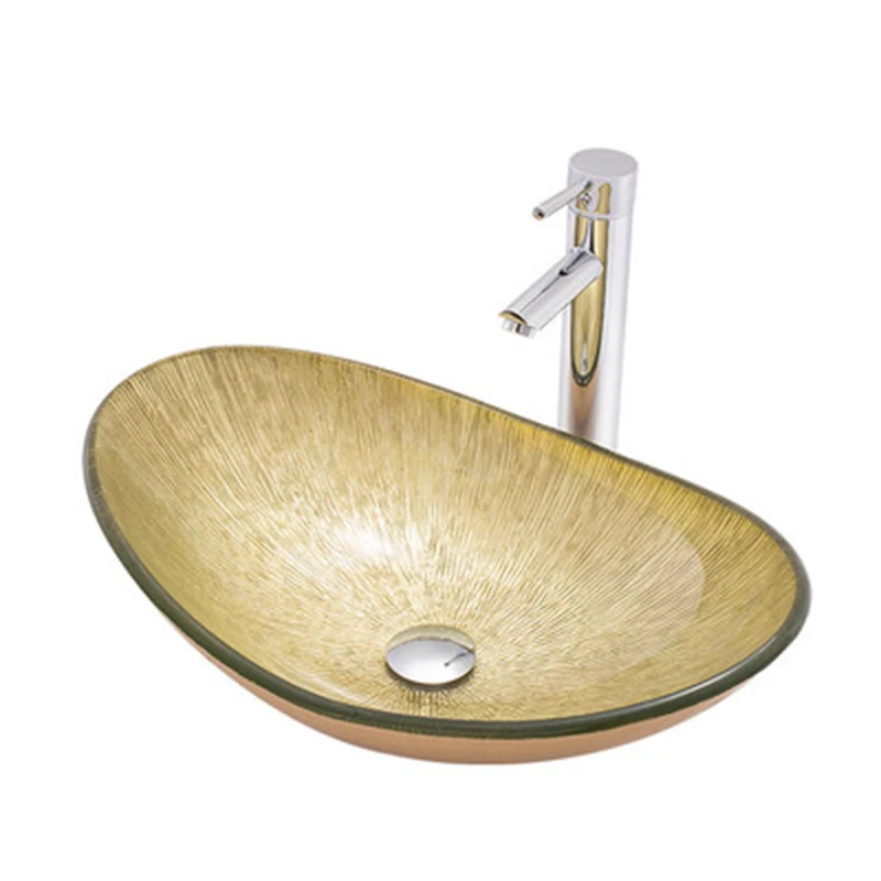Casa Simples Acima da Bacia de Vidro Temperado Lavatório Oval Linha Listrado Lingote Lavatório Arte