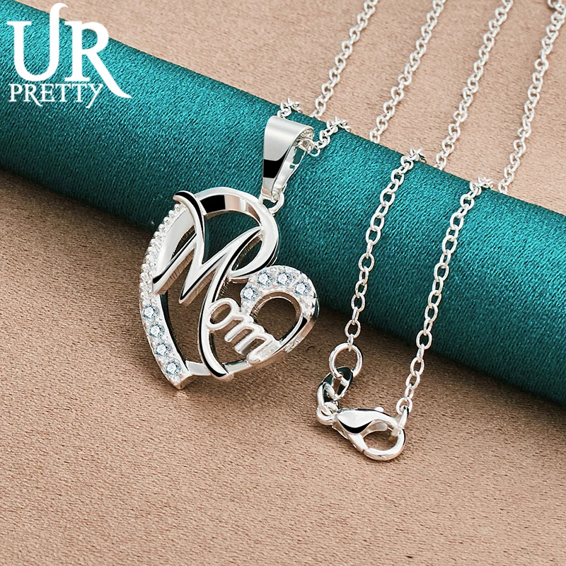 URPRETTY 925 Sterling Silver Love Mom Letter Necklace 16/18/20/22/24/26/28/30 Inch Snake Chain For Woman Engagement  Jewelry