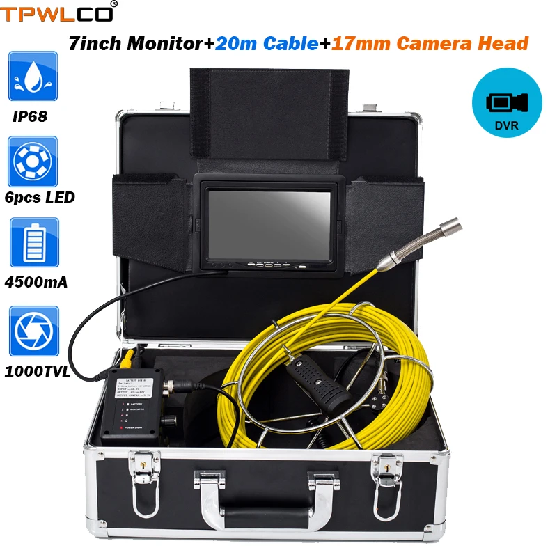 

7inch Screen Video Endoscope Inspection System 8GB SD Card With DVR Recorder IP68 Waterproof 17mm Drain CCTV Camera 20m Cable