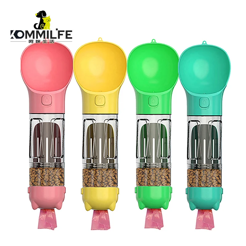 KOMMILIFE-botella de agua portátil para perro y gato, alimentador de comida, bebedero, dispensador de caca, 3 en 1, botella de agua multifuncional a