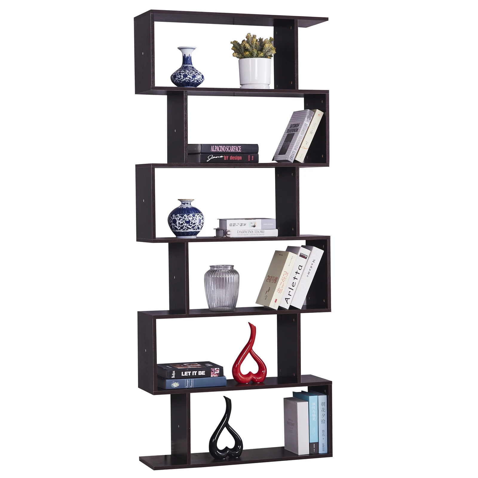 

6 Layer Bookcase Modern S-Shaped Z-Shelf Style Bookshelf Multifunctional Wooden Storage Display Stand Rack Dark Brown[US-Stock]