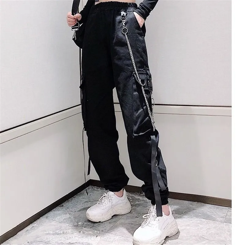 Women\'s Cargo Pants Buckle Ribbon Pocket Jogger Elastic Waist High Streetwear Harajuku Pant Punk Ring Chain Females Trousers