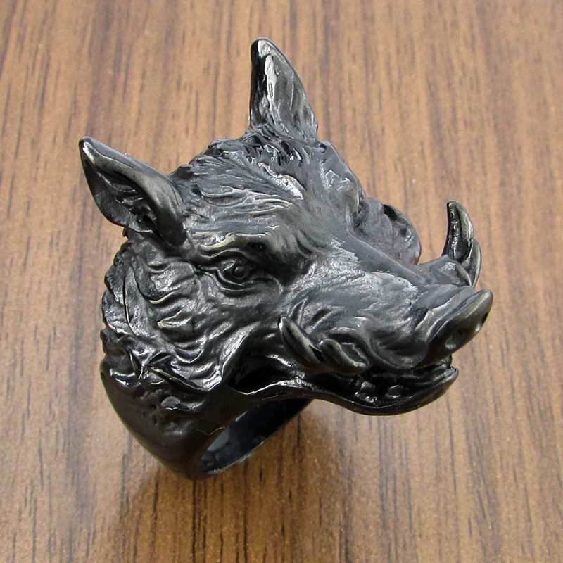 Free Shipping Classic Black Plated Color 316L Stainless Steel Vintage Wild Boar Head Ring Animal Jewelry