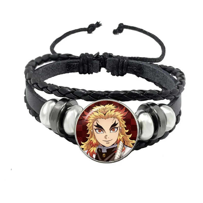 Demon Slayer: Kimetsu no Yaiba Anime Rengoku Kyoujurou Jewelry Adjutable Black Leather Button Bracelet Gift