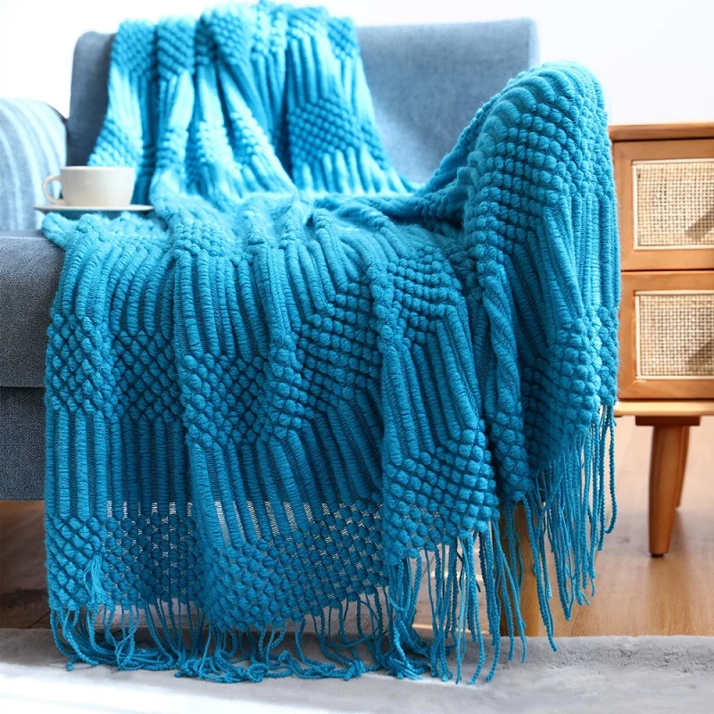 

Inya Blue Throw Blanket for Couch Sofa Bed Decorative Knitted Blanket with Tassels, Soft Lightweight Cozy Textured Blankets