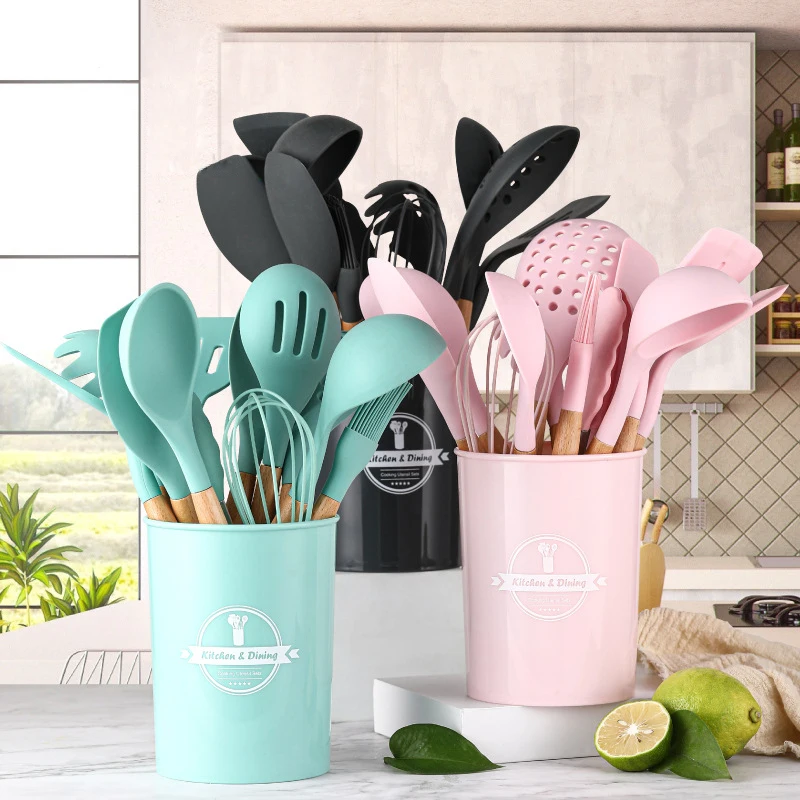 

TUUTH 12PCS Silicone Cooking Utensils Set Non-Stick Spatula Shovel Wooden Handle Cooking Tools Set With Storage Box Kitchen Tool