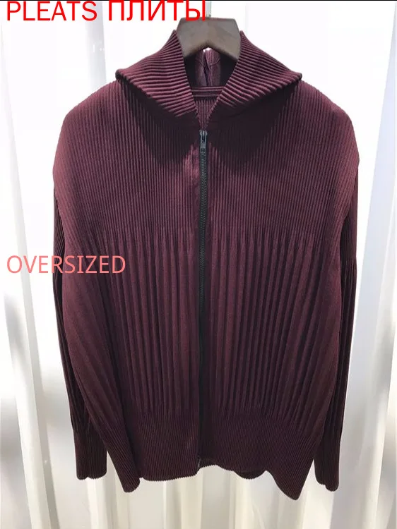 

MIYAKE-Women's Long Sleeve Pleated Hooded Jacket, Monochromatic, Slim, Casual, Temperament, Thick, Korean, Autumn, Winter