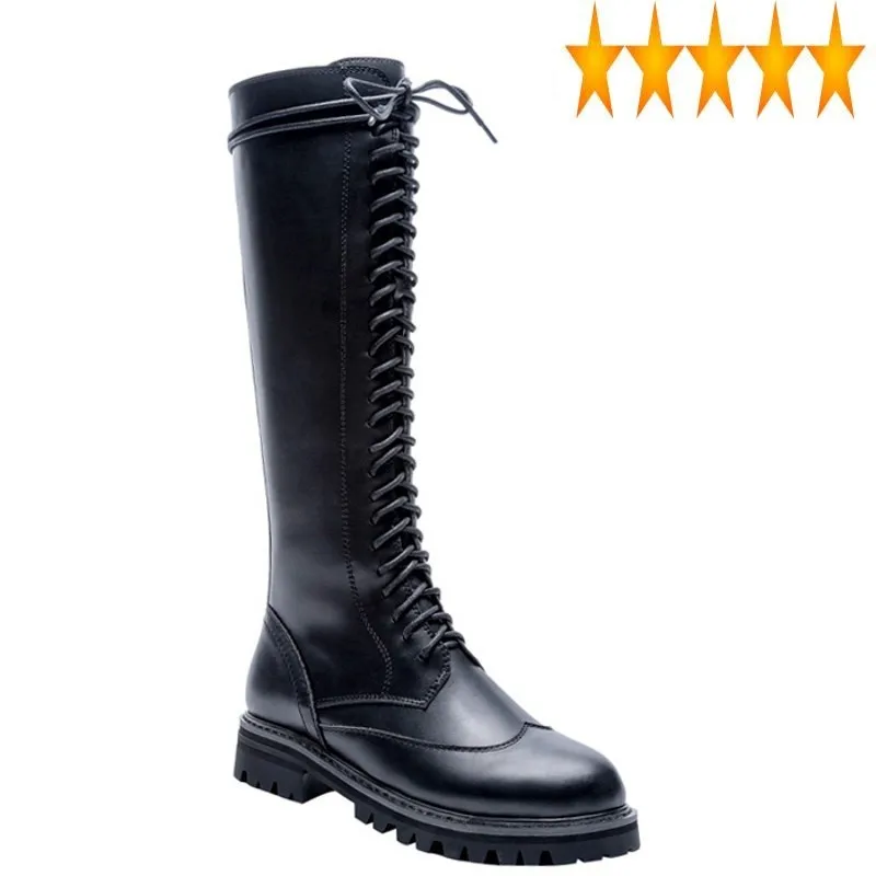 

Leather Cross Tied Genuine Autumn Winter Black High Fashion Side Zipper Round Toe Thick Bottom Female Knight Boots