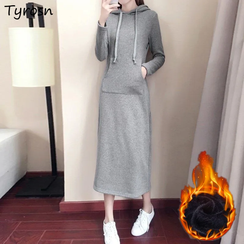 Long Sleeve Dress Women Retro Thicker Warm Elegant Midi Dresses High Street Stylish Straight Design Pockets Hooded Vestidos Lady