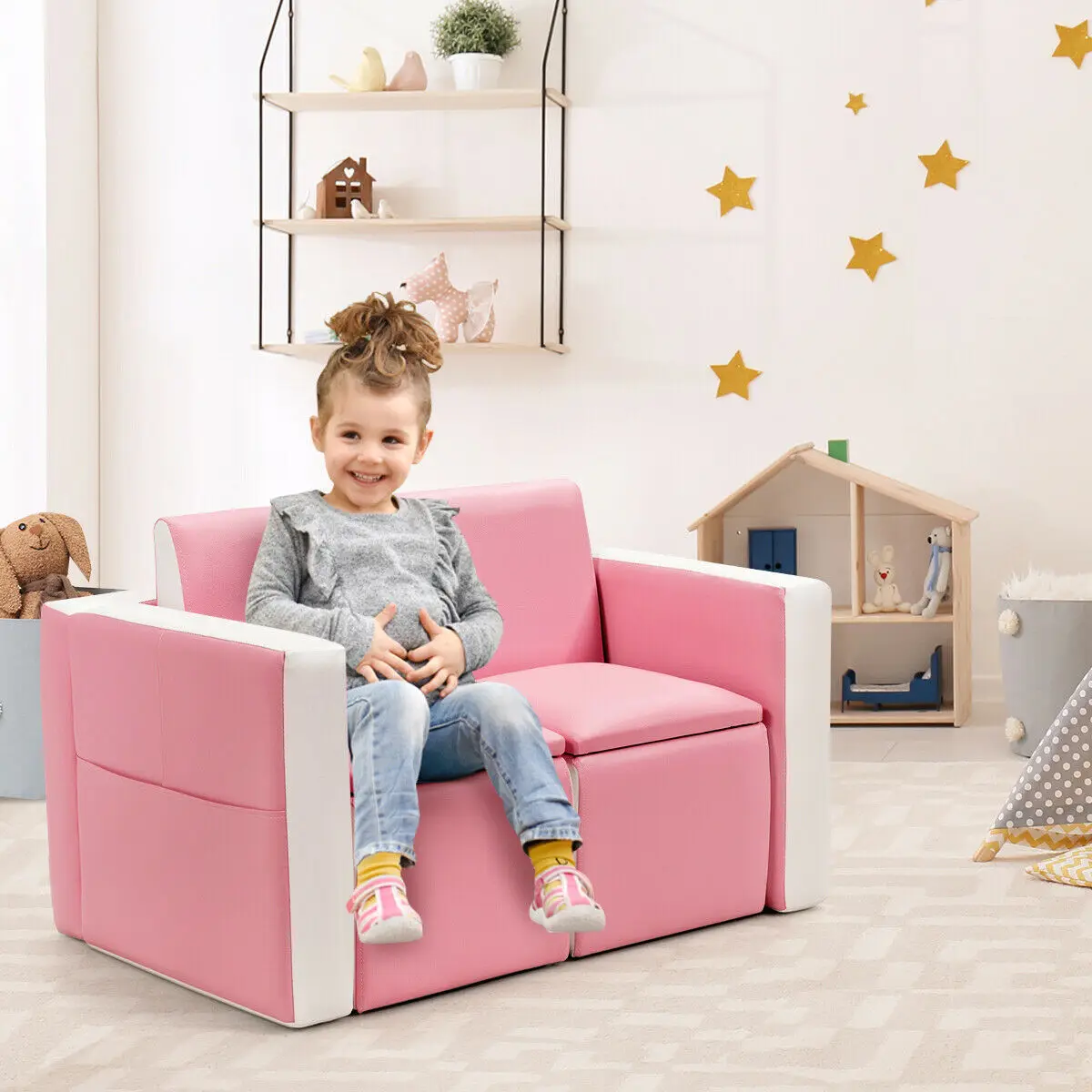 Conjunto de sofá multifuncional para niños, mueble de mesa y sillas de 2 asientos con caja de almacenamiento, HW58620PI