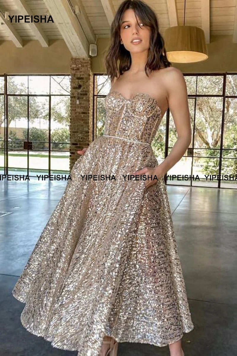 Yipeisha New Glitter A Line Prom Dress Short Sweetheart Backless abiti da sera alla caviglia Shiny Women Formal Party Dress 2024