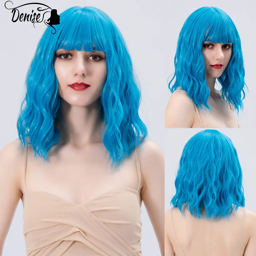 Blue Cosplay Short Body Wave Bob Synthetic Wigs With Bangs For White Women 14 Inch Heat Resistant Natural Hair Wig