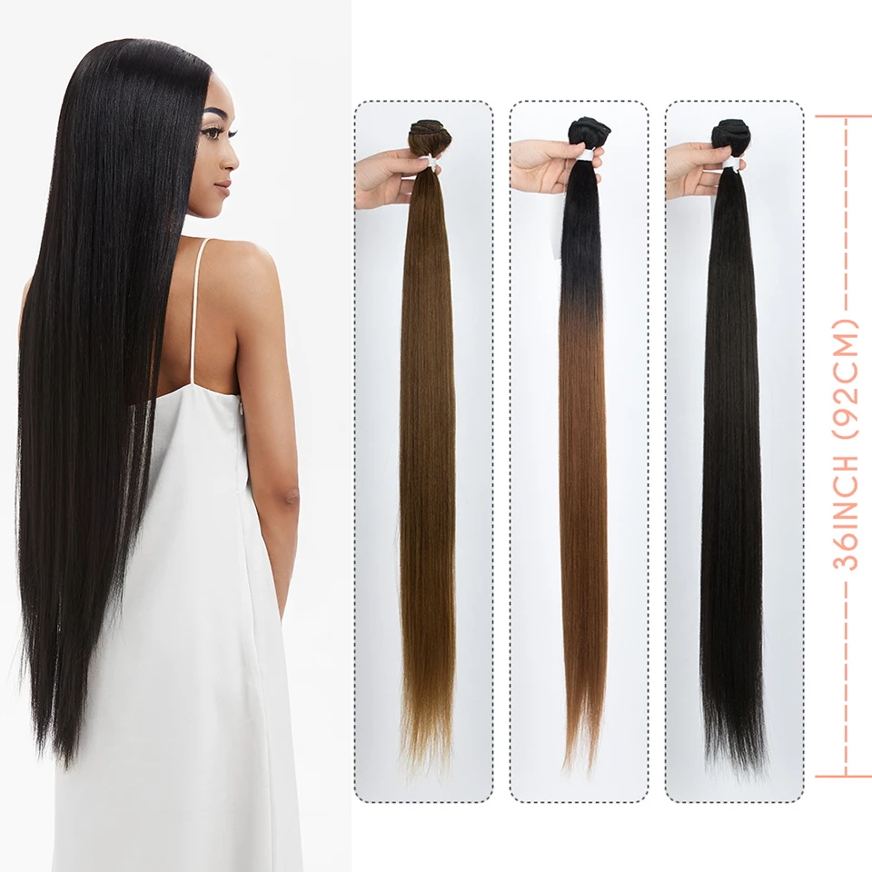 Noble Bundles Extensions 36 inch Yaki Straight Hair Bundles Ombre Brown Synthetic Hair Long Extensions Hair Synthetic Wefts