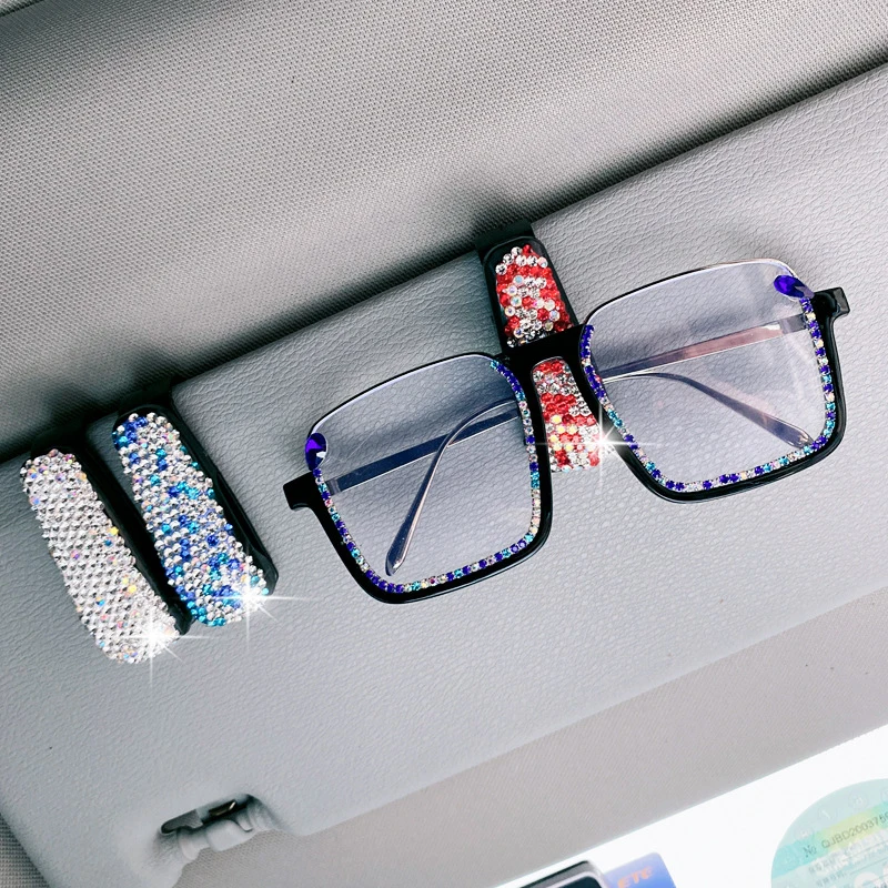 Car Vehicle Sun Visor Clip Holder for Sunglasses Rhinestones Crystal Sunglasses Holder Clip Hanger Auto Eyeglasses Mount