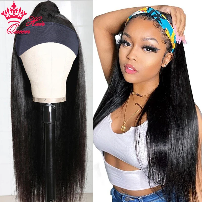 Headband Wig Straight Raw Hair Glueless Full Wig with Bangs Free Headband Scarf Glueless Wig Brazilian Virgin Hair Queen Hair