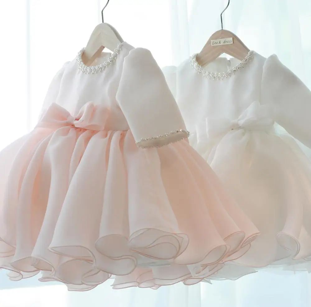 Beaded Tulle Baby Girl Dresses For Wedding Princess Baby Girls Baptism Christening Clothes Long Sleeve 1st Birthday Party Gown