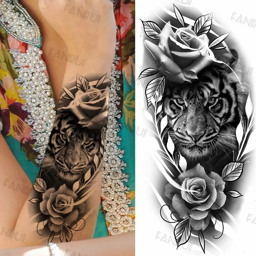 Black Gun Tattoos Sticker For Men Women Arm Art Temporary Tattoos Realistic Fake Flower Lion Tiger Tatoos Decal Cool Warrior DIY