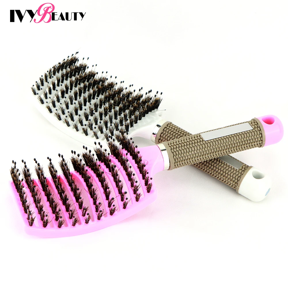 หญิงหวีนวดหนังศีรษะเส้นผม Bristle และ Nylon Hairbrush โค้งแปรงนวดผม Wet Curly Detangle แปรงผมสำหรับร้านทำผม