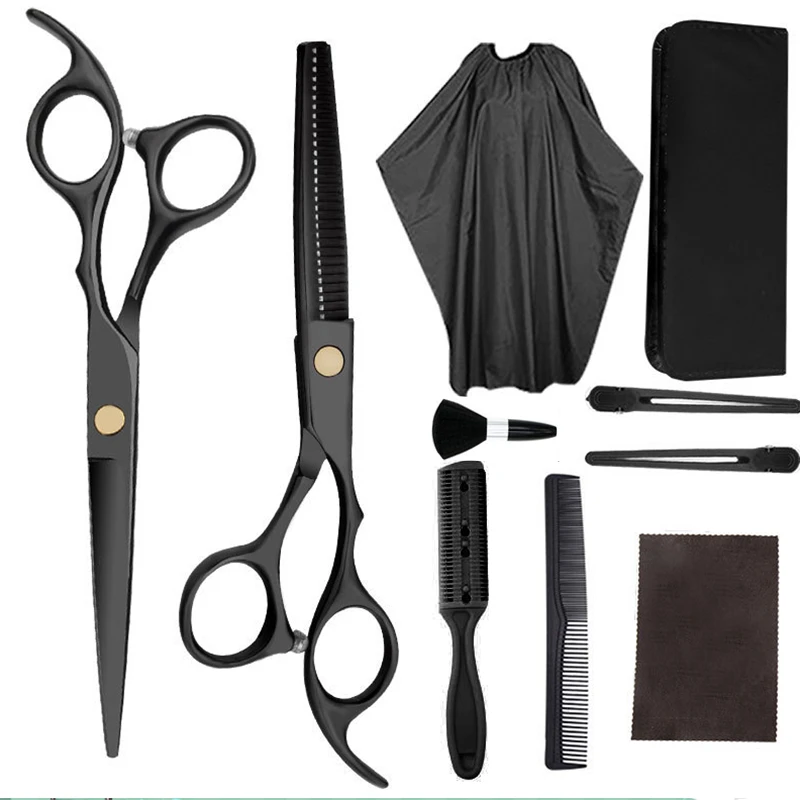 10 pcs set black 6 '' hair scissors with bag comb clip brush wrap haircut thinning barber cutting shears hairdresser scissors