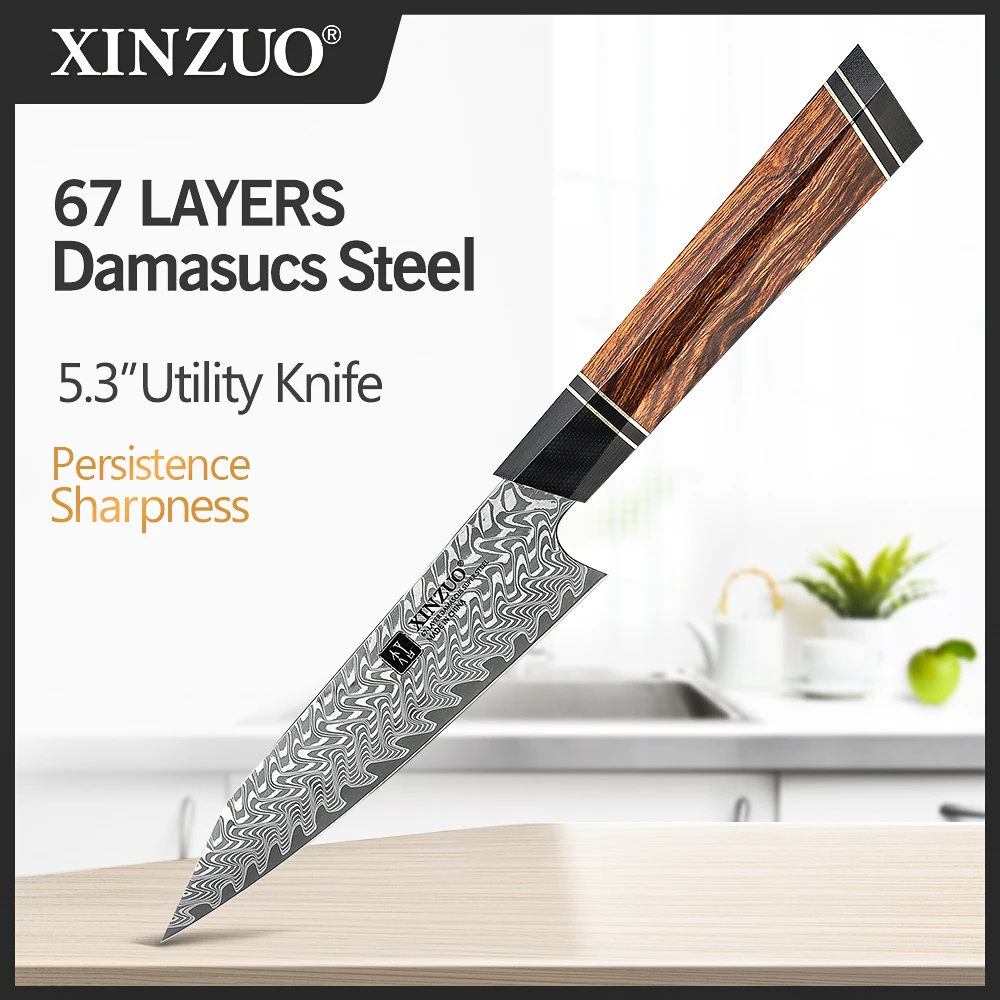 XINZUO 5.3 Inches Japanese Style Damascus Steel Utility Knife Peeling Paring Knife Ironwood Handle Wood Box Kitchen Accessories