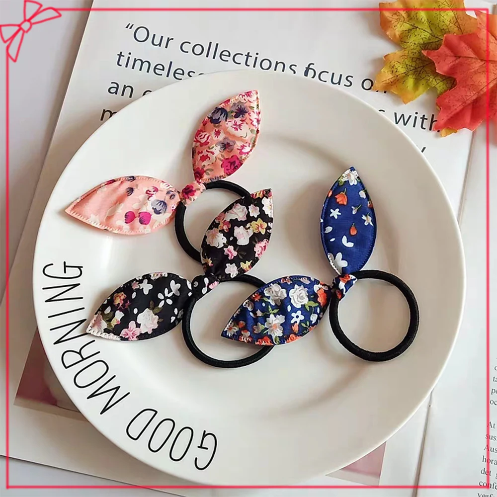 10Pcs Floral Print Bows Elastic Hair Bands Princess Hair Bows Lot Rabbit Ear Children Hair Gum Hair Accessories  For  Baby Girls