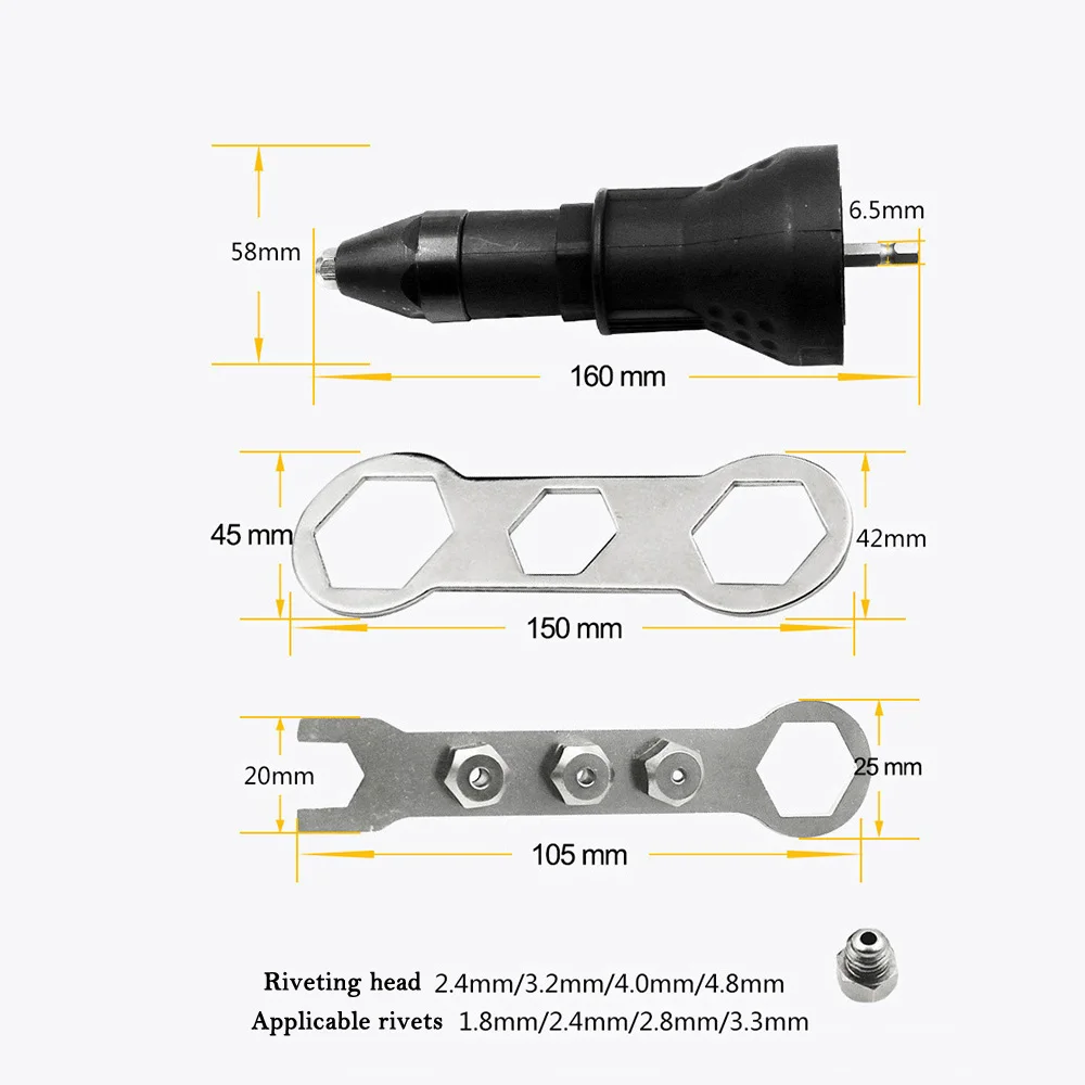 7 pçs/set rebitador elétrico porca ferramenta de rebitagem sem fio adaptador de broca de rebitagem ferramenta de porca de inserção com chave & porcas 2.4- 4.8mm